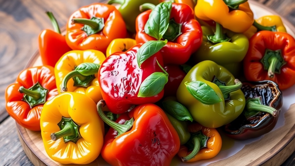 Savory Roasted Bell Peppers Recipe A plate of roasted bell peppers in various colors, garnished with basil on a rustic wooden table.